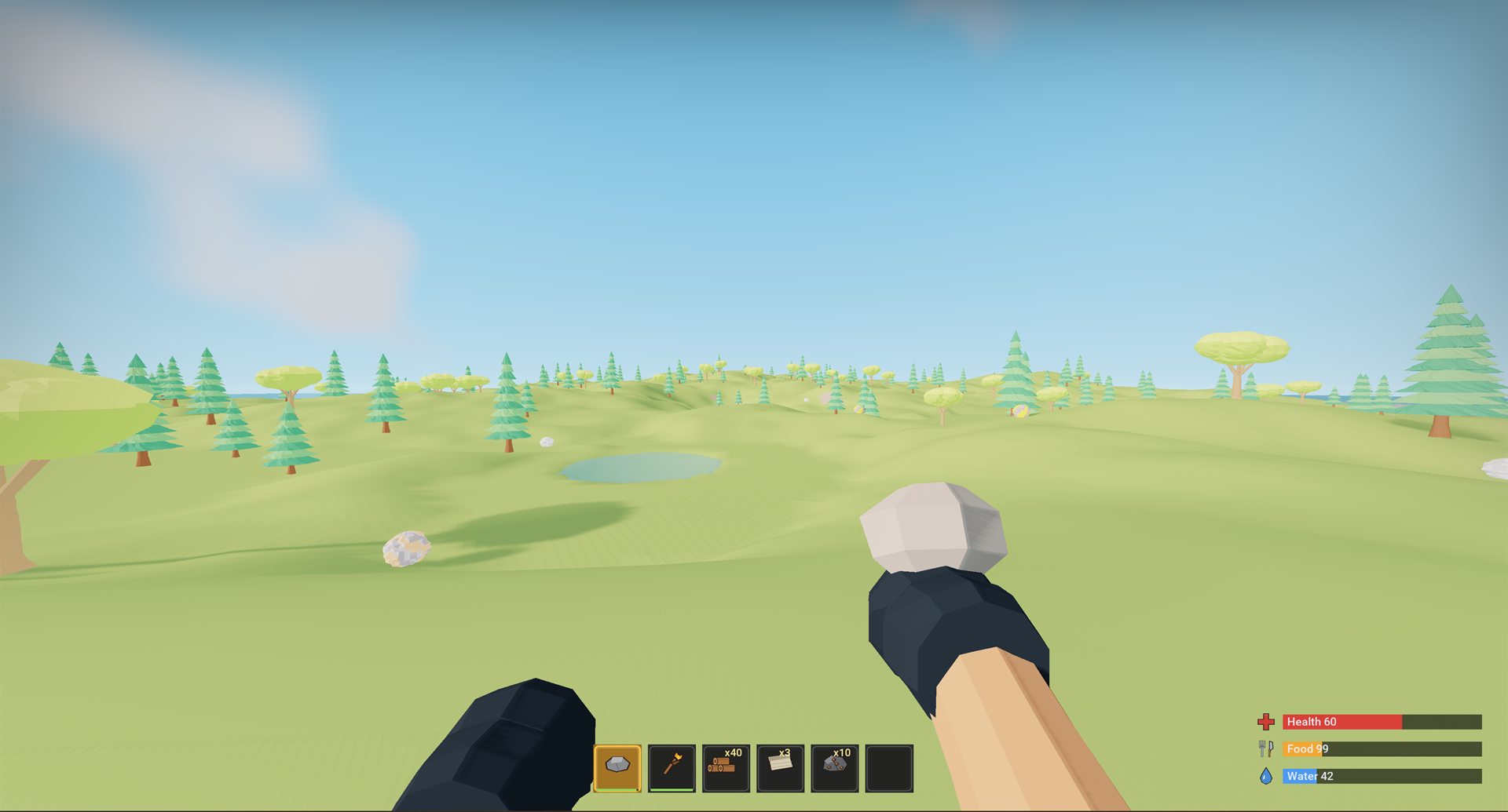 Survival Sandbox template: low-poly meadow with pine trees and a pond, first-person hands holding a rock, hotbar and health, food and water bars