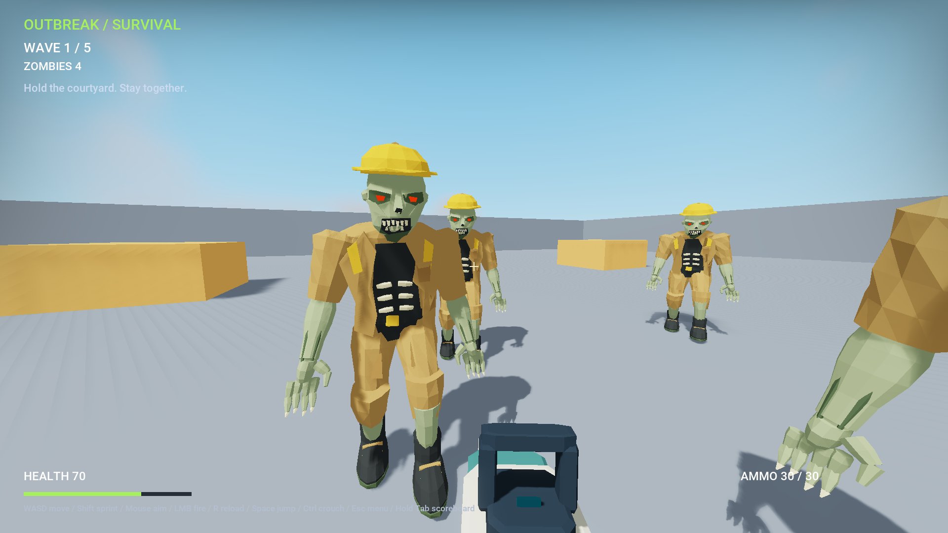 Zombie Waves FPS template: first-person view in a grey concrete courtyard with cover blocks, health and ammo HUD, wave counter